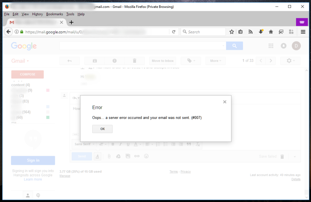 gmail a server error occurred and your email was not sent. (#007)