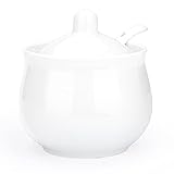 Swetwiny Porcelain Sugar Bowl with Lid and Spoon, Ceramic Salt Storage Jar, White Seasoning Container for Home and Kitchen, 7 Ounces (White)