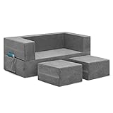 Delta Children Convertible Sofa and Play Set for Kids and Toddlers Modular Foam Couch and Flip Out Lounger with 2 Ottomans, Grey