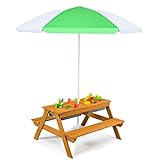 HONEY JOY Kids Picnic Table with Umbrella, 3 in 1 Convertible Sand & Water Table with 2 Play Boxes & Removable Tabletop, Kids Wooden Outdoor Activirty Table and Bench Set for Backyard(Natural)
