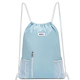 WANDF Drawstring Backpack Sports Gym Sackpack with Mesh Pockets Water Resistant String Bag for Women Men(Light Blue)