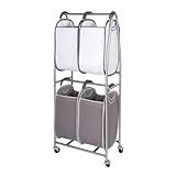 NEATFREAK - 2 Tier Vertical Rolling Laundry Cart - Rolling Storage Cart On Wheels With 4 x Tote Hampers For Laundry, Towels, Blankets & Bathroom Organization - Quad Laundry Sorter