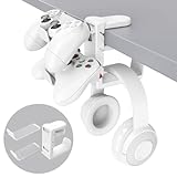 3-in-1 PC Gaming Headphone & Controller Holder - EURPMASK Headphones Hanger w/Adjustable & Rotating Arm Clamp,Headphone Stand Under Desk, Universal Headset Controllers Hook with Cable Organizer-White