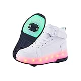 PYYIQI Kids Shoes with Wheels Light Up Roller Skate Shoes LED heelies Shoes for Boys Girls Outdoor Slip On Rechargeable for Halloween Thanksgiving Christmas, White 32
