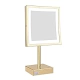 DOWRY Tabletop LED Lighted 5X Magnifying Makeup Mirror Square with Plug 8 Inch Polished Gold Finished