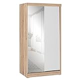 Better Home Products Mirror Wood Double Sliding Door Wardrobe White/Natural Oak