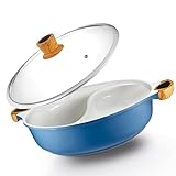 Nonstick Hot Pot with Divider, Blue Shabu Shabu Pot with Silicone Spoons, Divided Pot for Cooking in Two Broths at Once, Hot Pot Cooker for Electric Induction, Gas Stove, or Grill, Pan with Divider