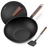 Todlabe Carbon Steel Wok, 13-Inch, Pre-Seasoned, Non-Stick, with Lid and Spatula, Flat Bottom, Ideal for Stovetop Cooking