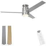 Flybull Ceiling Fans with Lights Flush Mount, 52 Inch Modern Brushed Nickel Ceiling Fan with Light and Remote Control - 3 Blades Indoor Outdoor Ceiling Fan Low Profile for Patio Farmhouse Bedroom