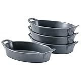 Bruntmor 8' x 5' Oval Porcelain Ceramic Deep Dish Pie Pan Set of 4, Double Handle Au Gratin Baking Dishes, Oven Safe Roasting Lasagna Pan For kitchen- Gray