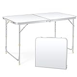 Coobi Folding Table,4 Foot x 26 inch Fold-in-Half Folding Table,Portable Fold up Table - Folding Camping Table, Height Adjustable - Ultralight with Carrying Handle,White