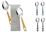 Hand Painted Serving Spoon and Fork – Large Stainless Steel Salad Servers. Floral Colorful Kashmiri Art - Practical Decorative and Durable, Set of 2 with 10 Inch Handles in Cotton Bag (Cream)