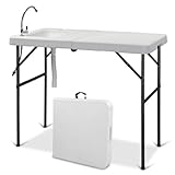 VINGLI Fold in Half Folding Fish Cleaning Table with Sink, Bi-Folding Outdoor Portable Camping Game Sink Table,Fish Fillet Cutting Table with Drainage Hose for Patio Backyard BBQ