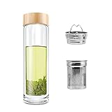 COMI Tea Bottle, Tea Bottle with Infuser Double Wall High Borosilicate Glass with Strainer & Infuser for Loose Tea Infusion Tea Bottle 14 Ounce 400ml-Wood