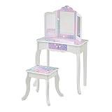 Teamson Kids Princess Gisele Starry Sky Print 2-Piece Kids Wooden Play Vanity Set with Vanity Table, Tri-Fold Mirror, Storage Drawer, and Matching Stool, White with Iridescent and Stars Accent