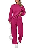 PRETTYGARDEN Women Two Piece Sweatsuits 2024 Long Sleeve Pullover Tops Wide Leg Pants Sets Matching Sweat Outfits (Rose Red,Large)
