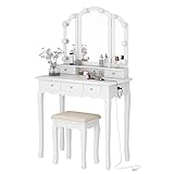 Tiptiper White Makeup Vanity with Lights and Outlets, Vanity Desk with USB Ports and 3 Colors of Lighting Effects, Vanity Table with Tri-Fold Mirror & Necklace Hooks, Makeup Table with Stool