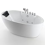 Whirlpool Bathtub 67 in. Acrylic Freestanding Bath Tub Hydromassage Gracefully Oval Shaped 7 Water Jets Soaking SPA, Double-Ended Massage Bathtubs with Black Pillow , White