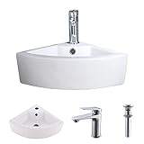 VOKIM Small Corner Wall Mount Bathroom Sink and Faucet Combo with Overflow White Porcelain Ceramic Above Counter Mini Vanity Vessel Sink with Chrome Faucet and Pop-up Drain Combo