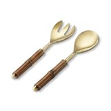 Folkulture Serving Utensils for Modern Serving and Cooking, Stainless Steel Salad Servers or Salad Tongs, 12 Inch Salad Tosser, Serving Spoon and Fork Set with Bamboo Handle, Gold