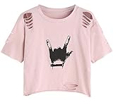 SweatyRocks Women's Short Sleeve T Shirt Graphic Print Distressed Crop Top Gesture Light Pink Medium