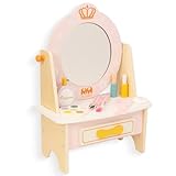 WoodenEdu Wooden Vanity Set for Kids, Pretend Play Toddler Makeup Vanity Table Toys with 360° Rotatable Mirror, Beauty Salon Set Includes Makeup Accessories, Little Girls Gift Age 3+