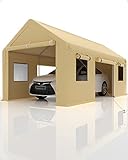 DEXSO Carport 10'x20' Portable Garage, Heavy Duty Carport Canopy, Reinforced Steel Poles, 4 Roll-up Doors & 4 Windows, for Pickup, Boat, and Equipment, Khaki