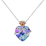 Emibele Rose Heart Necklace Mother's Day, Forever Love Heart Pendant Letter Mom Necklace, Sparkling Crystal Silver Necklace Dainty Jewelry Gifts for Mama, Blue Violet