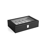 SONGMICS Watch Box, 12-Slot Case with Large Glass Lid, Removable Watch Pillows, Gift for Loved Ones, Black Synthetic Leather, Gray Lining UJWB12BK