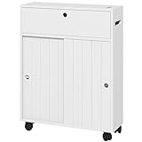 kleankin Toilet Paper Cabinet, Slim Bathroom Cabinet with 4 Rolling Wheels, Small Bathroom Storage Cabinet with Paper Holes, Sliding Doors and Adjustable Shelf for Small Space, White