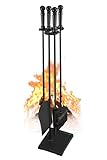 FEED GARDEN Fireplace Tools Set 27 Inch Modern Outdoor Wrought Iron Fireplace Accessories Set Included Poker, Shovel, Brush, Base