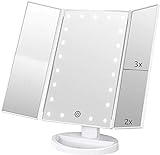Flymiro Tri-fold Lighted Vanity Makeup Mirror with 3x/2x/1x Magnification, 21Leds Light and Touch Screen,180 Degree Free Rotation Countertop Travel Cosmetic Mirror (White)