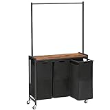 HOOBRO Laundry Sorter Cart with Hanging Clothes Rack, 126L Rolling Laundry Basket, Laundry Hamper 3 Section, Removable Laundry Bags, Laundry Room, Bedroom, Rustic Brown and Black BF74XY01