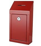 Metal Donation Box & Collection Box Office Suggestion Box Secure Box with Top Coin Slot and Lock Included with 2 Keys - Easy Wall Mounting or Counter Top Use (Red)