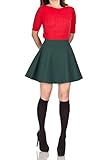 Basic Solid Stretchy Cotton High Waist A-line Flared Skater Mini Skirt (L, Deep Green)