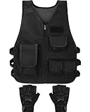 SATINIOR Kids Tactical Vest Army Combat Vest Outdoor with Half Finger Fingerless Short Gloves Breathable(Basic Style)