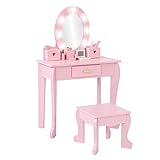 Girls' Vanity Table and Chair Set with Light , Kids Makeup Dressing Table with Wood Makeup Playset Toy, Kids Vanity Set with Mirror & Drawer for Age 4 - 9, Pink