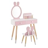 Kids Vanity Set, Girls Vanity Set with Mirror and Stool, 2 Large Drawers, Storage Shelf, Wooden Princess Makeup Dressing Table, Pretend Play Vanity Table and Chair Set for Toddlers