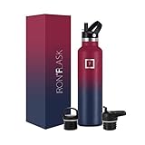 IRON °FLASK Sports Water Bottle - 3 Lids (Narrow Straw Lid) Leak Proof Vacuum Insulated Stainless Steel - Hot & Cold Double Walled Insulated Thermos, Durable Metal Canteen - Dark Rainbow, 24Oz