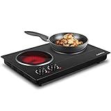 CUSIMAX Double Burner, 1800W Ceramic Electric Hot Plate for Cooking, Dual Control Infrared Cooktop, Portable Countertop Burner, Glass Plate Electric Cooktop, Stainless Steel Black