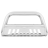 Polished Stainless Steel Bull Bar Brush Push Front Bumper Grill Grille Guard With Skid Plate Compatible With 07-18 Chevy Silverado GMC Sierra 1500/2019 LD Limited / 07-20 Suburban Tahoe Yukon