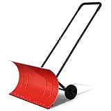 KioGro Metal Snow Shovel with Wheels, Heavy Duty Snow Pusher 30 inch Blade and Adjustable Handle Snow Removal for Driveway, Doorway, Sidewalks Red