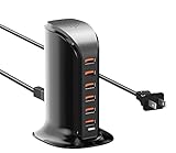 VPSUN USB Charger 6 Port 50W Multi USB Tower Charging Station for Multiple Devices iPhone 15/14/14 Pro/14 Pro Max/13 Pro/13 Pro Max/Android/Samsung/Tablet,etc(Black USB)