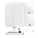 FVITA Makeup Mirror with Lights 3 Color,52 LED HD Tri-Fold Makeup Mirror with Storage 2X 3X Magnification Makeup Mirror Touch Control Vanity Mirror Portable White