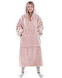 Waitu Wearable Blanket Sweatshirt for Women and Men, Super Warm and Cozy Giant Blanket Hoodie, Thick Flannel Blanket with Sleeves and Giant Pocket - Pink