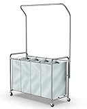 ROMOON Laundry Sorter with Hanging Bar, 4 Section Laundry Hamper with Heavy Duty Wheels, Laundry Basket Organizer with Hanging Clothing Rack, Grey