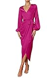 PRETTYGARDEN Women's Maxi Satin Dress Puff Sleeve Wrap V Neck Ruched Belted Long Formal Cocktail Dresses (Rose Red,Small)