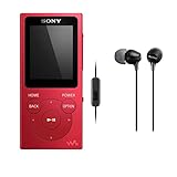 Sony NW-E394 8GB Walkman Audio Player (Red) with Sony MDREX15AP Fashion Color EX Series Earbud Headset with Microphone (Black) (2 Items)