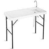 Goplus Portable Fish Cleaning Table with Sink, Folding Outdoor Camping Sink Station with Hose Hook Up, Heavy Duty Fillet Table with Faucet for Dock Beach Patio Picnic