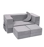 Elftopia Modular Kids Sofa,Toddler Couch Foam Armchair for Kids, Children Convertible Plush Sofa Play Set,Fold Out Sofa Bed(Grey)